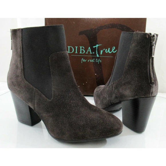 Diba True August Sun Ankle Boots Heels Back Zip Booties Suede Dark